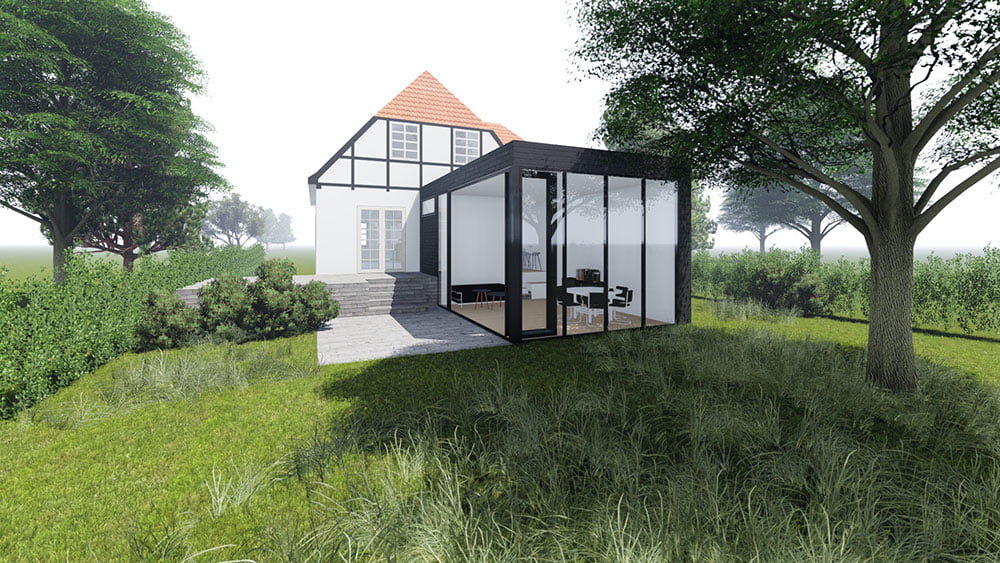 Arkitekttegnet-tilbygning-af-stue-og-badeværelse-til-et-bindingsværkshus---sort-træ-01